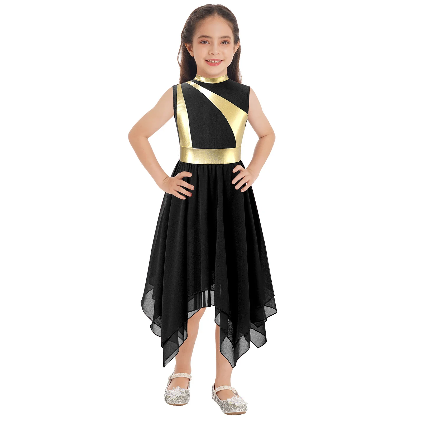 

Kids Girls Praise Dancing Dress Metallic Patchwork Sleeveless Asymmetrical Hem Dress Modern Lyrical Dance Costume Performance