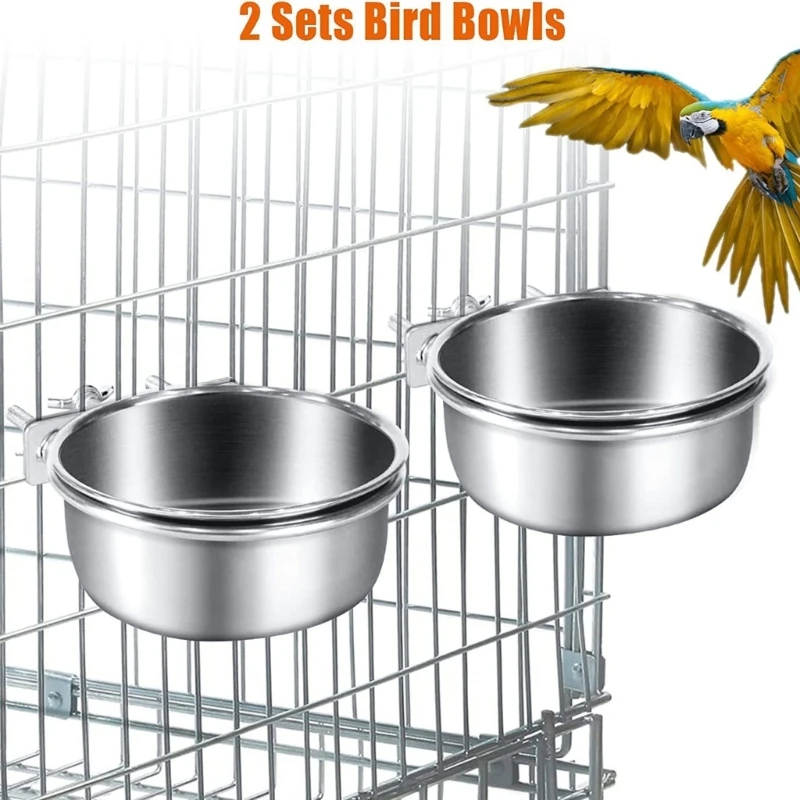 

2Pcs Bird Feeder Bowl with Clamp Bird Feeding Dish Cups Stainless Steel Parrot Cage Feeder Parrot Bowls Screw On Cage