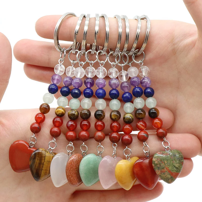 

15pcs Love Heart Stone Key Rings 7 Colors Chakra Beads Chains Charms Keychains Healing Crystal Keyrings for Women Men