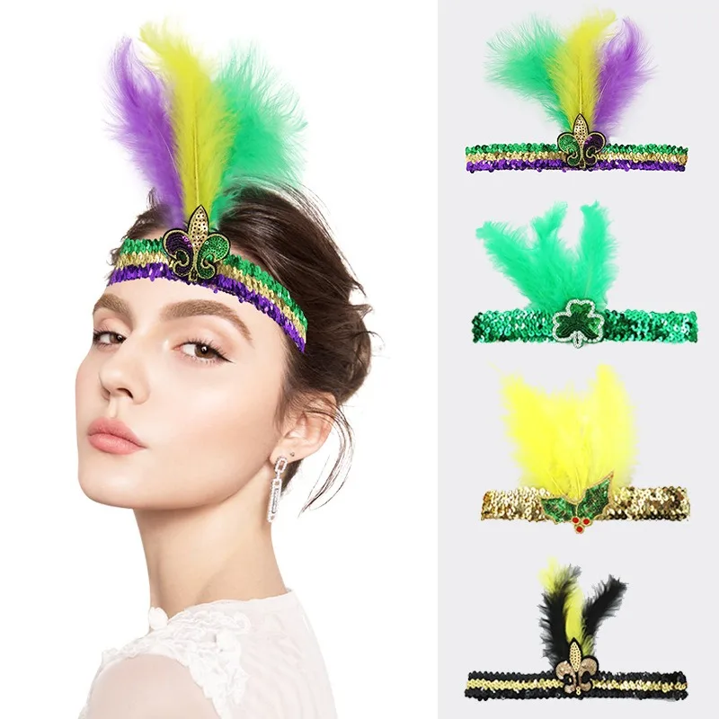 

Masquerade Party Carnival Feather Sequin Headband Hair Ornament Hairband Headdress Vintage Performance Headpiece Decoration Gift