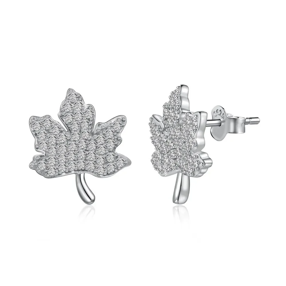

925 Women's Sterling Silver Earrings, Zircon Set with Maple Leaves, Stylish and Exquisite Design