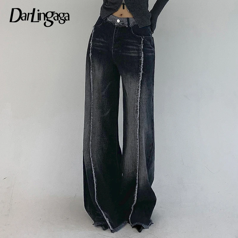 

Darlingaga Streetwear Vintage Stripe Stitched Flared Jeans Women Harajuku Distressed Grunge CaprisY2K Burr Denim Trousers Baggy