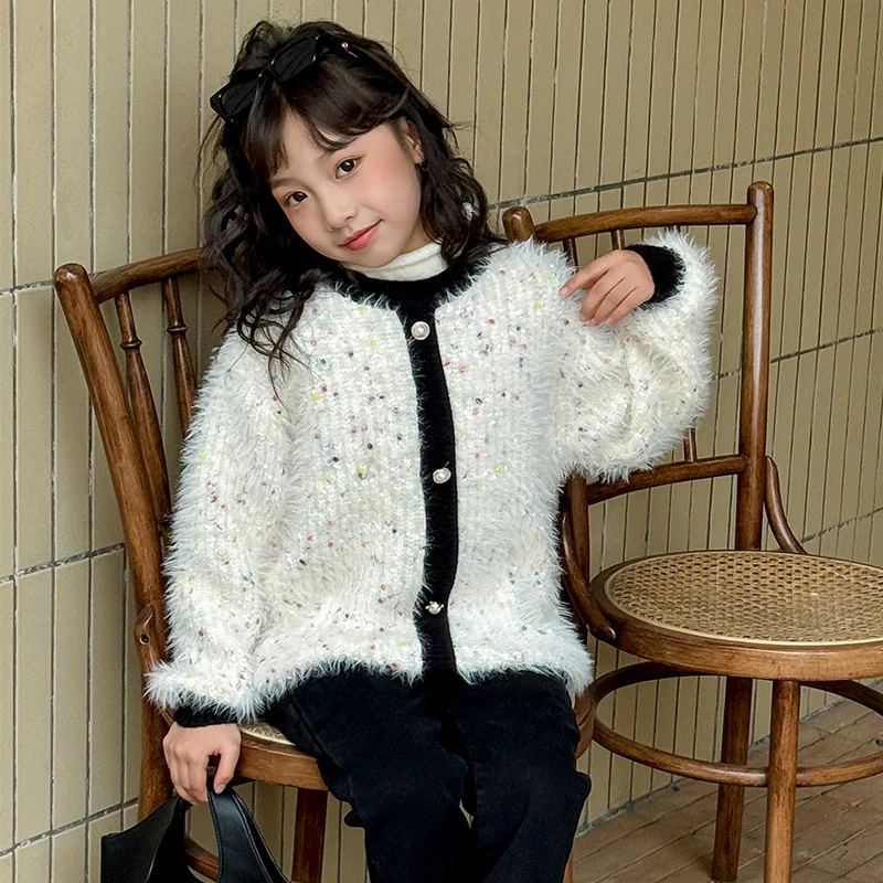 

Girl's Winter Sweater Fashion Girl Korean Color Block Warm Top Casual Flower Yarn Imitation Mink Wool Sweater Coat