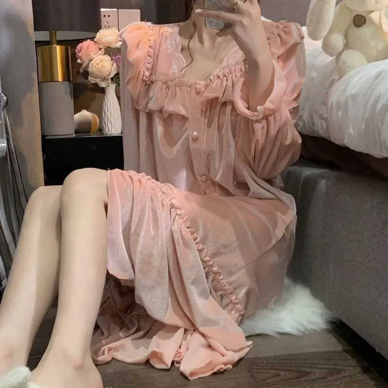Velvet Nightgown Sleepwear Womens Elegant Ruffles Night Dress One Piece Pajamas Korean Autumn Long Sleeve Solid Home Wear 2023
Velvet Nightgown Sleepwear Womens Elegant Ruffles Night Dress One Piece Pajamas Korean Autumn Long Sleeve Solid Home Wear 2023
