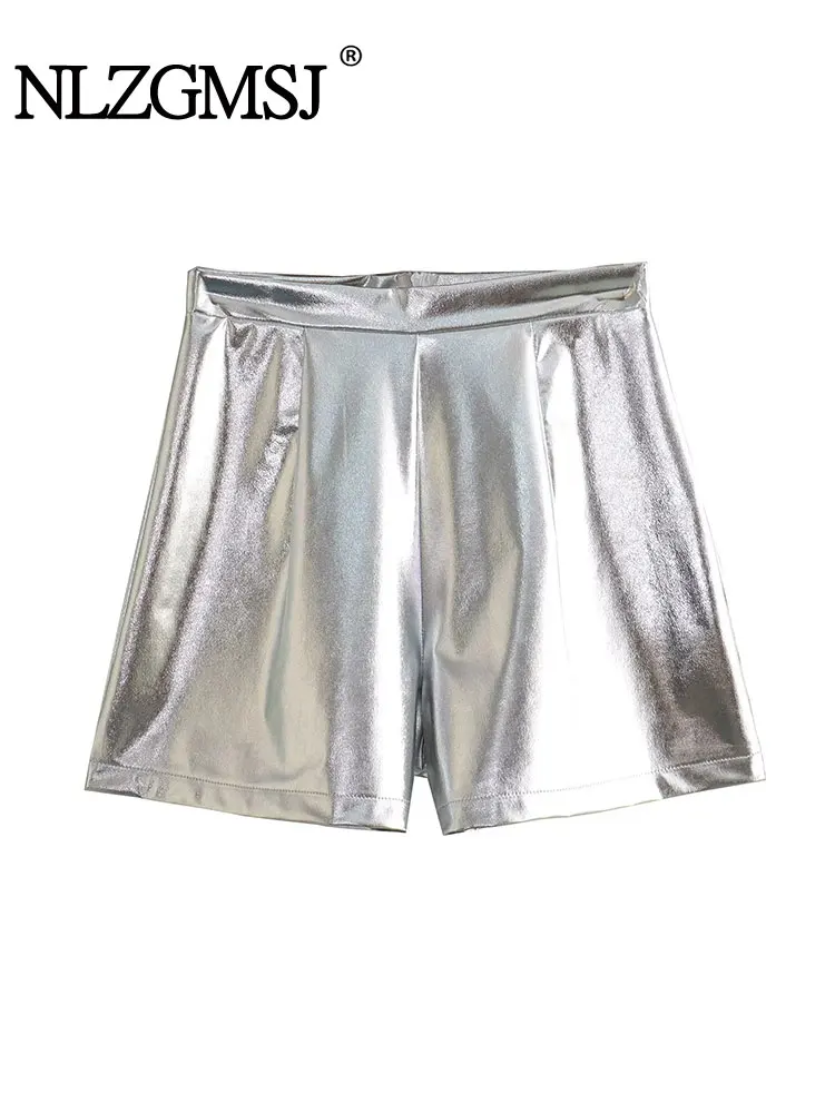 

Nlzgmsj TRAF Women Shiny Metallic Hot Silver Shorts Summer Casual Festival Rave Booty Short High Waist Streetwear Short Pants