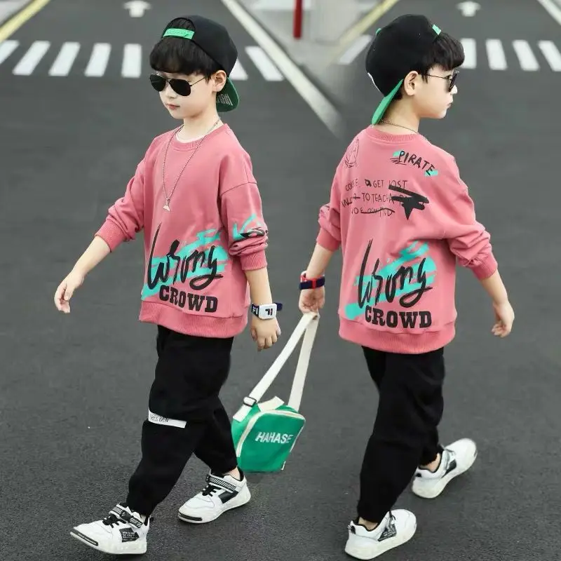

2023 Spring Autumn Teen Boys Sets Long Sleeve O-Neck Top Cargo Pants Two Pieces Letter Graffiti Print Fashionable 5-13 Years Old