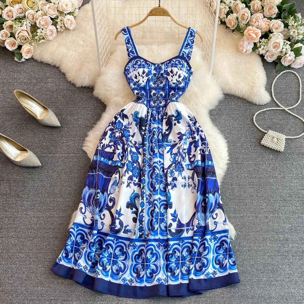 

Женское хлопковое платье средней длины, летнее праздничное платье с сине-белым фарфоровым цветочным принтом, эластичное платье на молнии с открытой спиной и бретельками спагетти