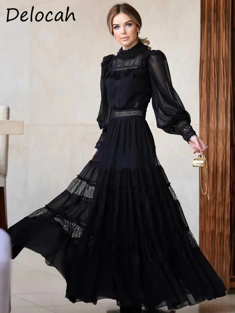 Delocah High Quality Summer Women Fashion Designer Big Swing Long Dress Lantern Sleeve Shirring Ruffles Hollow Out Black Dresses
Delocah High Quality Summer Women Fashion Designer Big Swing Long Dress Lantern Sleeve Shirring Ruffles Hollow Out Black Dresses
