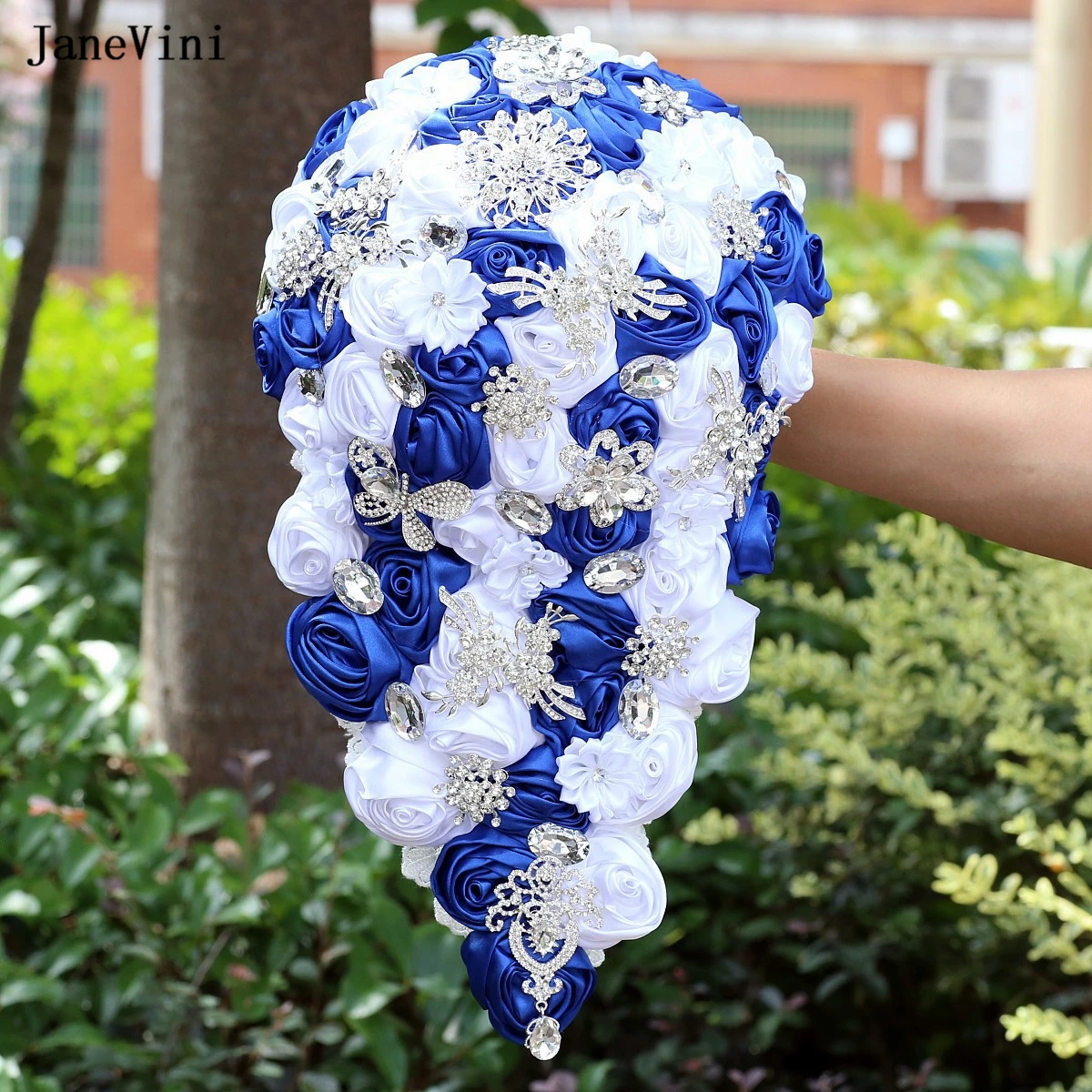 

JaneVini Sparkly Rhinestones Cascading Waterfall Bridal Bouquets Royal Blue Flowers Artificial Satin Roses Wedding Accessories