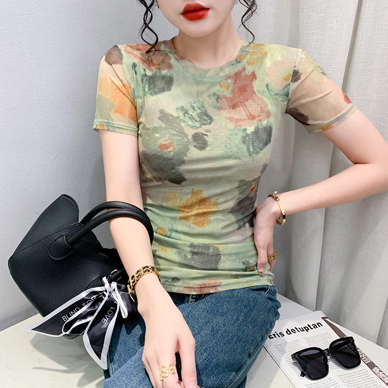 Summer 2023 Print Vintage T-shirt Women Mesh Tops O-neck Short Sleeve Slim Strtchy Top Tee New Arrival 32933
Summer 2023 Print Vintage T-shirt Women Mesh Tops O-neck Short Sleeve Slim Strtchy Top Tee New Arrival 32933