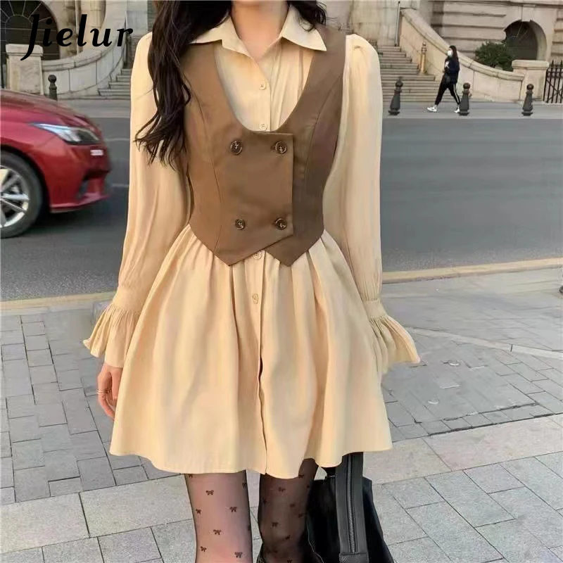Jielur Women's Gentle Style Long Sleeved Shirt Dress Set Spring Korean Fashion Solid Color Women Folding Vest Waist Wrap Dresses
Jielur Women's Gentle Style Long Sleeved Shirt Dress Set Spring Korean Fashion Solid Color Women Folding Vest Waist Wrap Dresses
