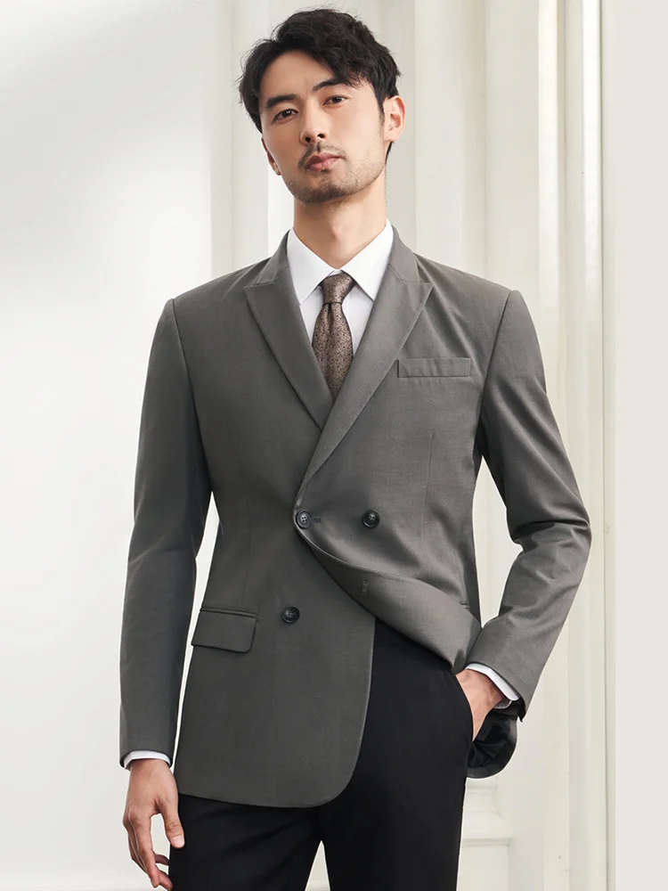 

Пиджак мужской из 8% шерсти, приталенный серый двубортный пиджак для отдыха, новинка 2022, серая Деловая одежда с длинным рукавом