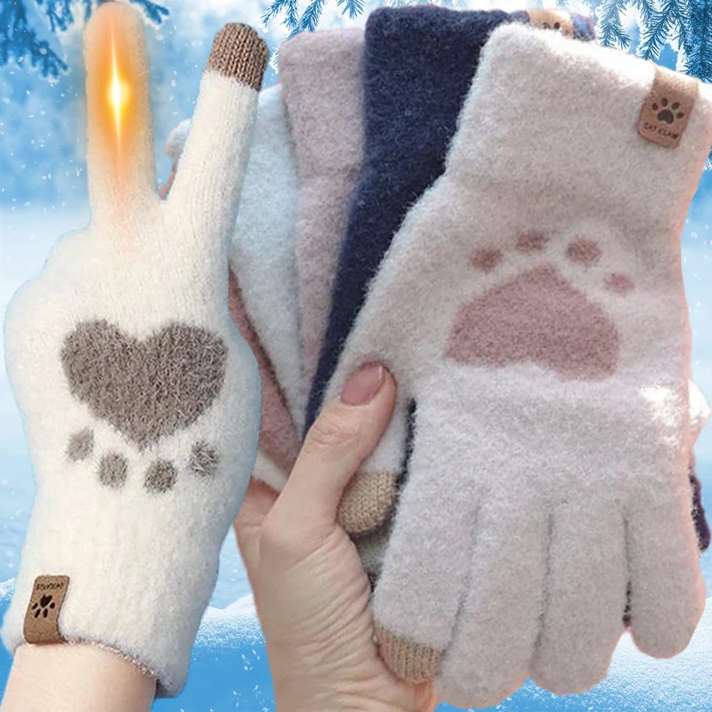 

Cute Cat Paw Gloves Women Girls Soft Fluffy Crystal Mink Full Fingers Glove Winter Outdoor Warm Snow Skiing Thicken Mittens