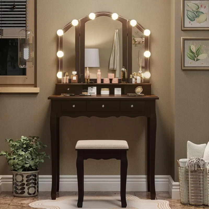 

Набор для макияжа с зеркалом с подсветкой и табуретом, туалетный столик с 5 ящиками, 3 параметра яркости и регулируемой яркостью