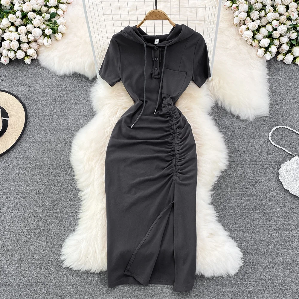 Summer new Korean version casual mid-length T-shirt skirt retro hooded pleated slim fit slim bag hip dress women
Summer new Korean version casual mid-length T-shirt skirt retro hooded pleated slim fit slim bag hip dress women