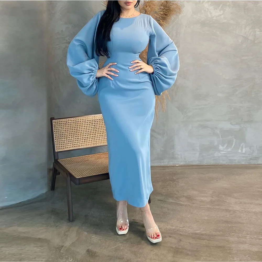 

Simple Formal Occasion Dresses 2023 O-neck Sheath Party Dress Puff sleeves Rear slit Long Sexy Evening Gowns فساتين السهرة
