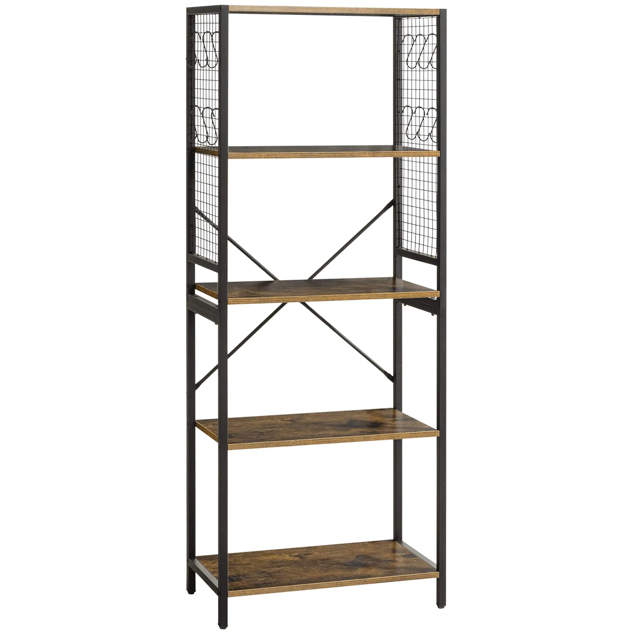 

Industrial Bookshelf, 5-Tier Vintage Bookcase with Metal Grid and 12 S-Shaped Hooks, Multipurpose Storage Shelf Display