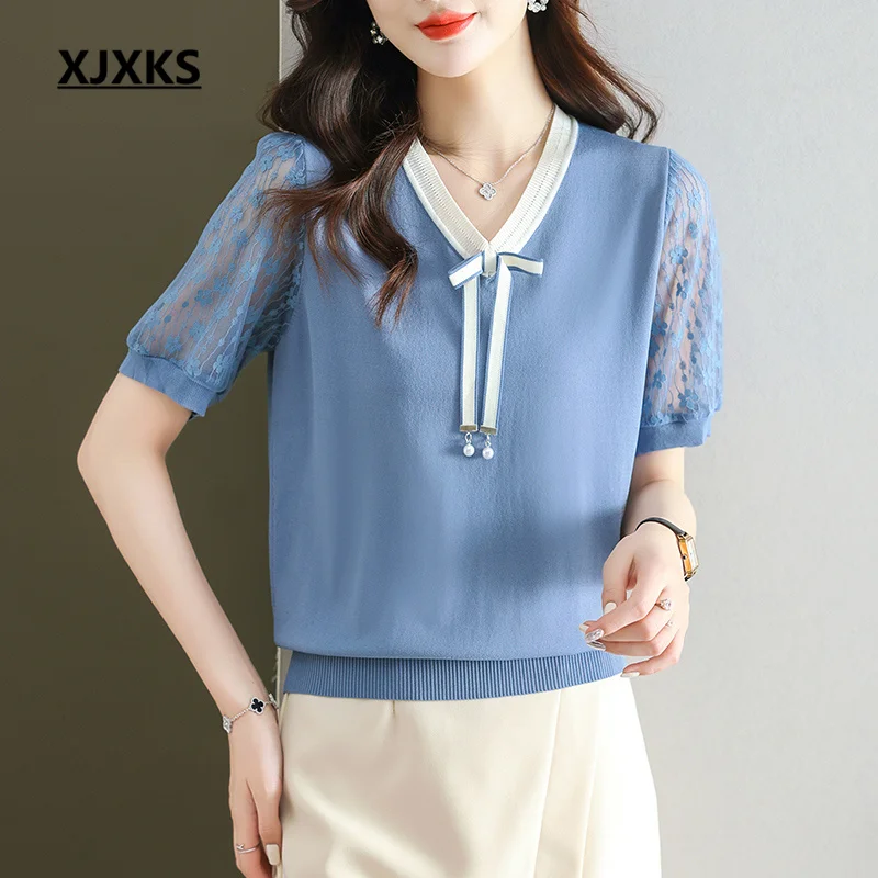 XJXKS Fashion V-neck Bow Women's T-shirt 2023 Summer New High-quality Mulberry Silk Knit Short-sleeved Tops
XJXKS Fashion V-neck Bow Women's T-shirt 2023 Summer New High-quality Mulberry Silk Knit Short-sleeved Tops
