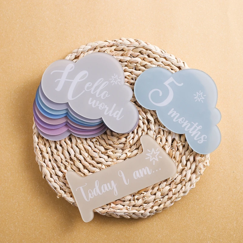 

14Pcs Baby 1-12 Monthly Number Commemoration Milestone Cards Acrylic Cute Cloud Shape Newborn Photography Accessories Birth Gift