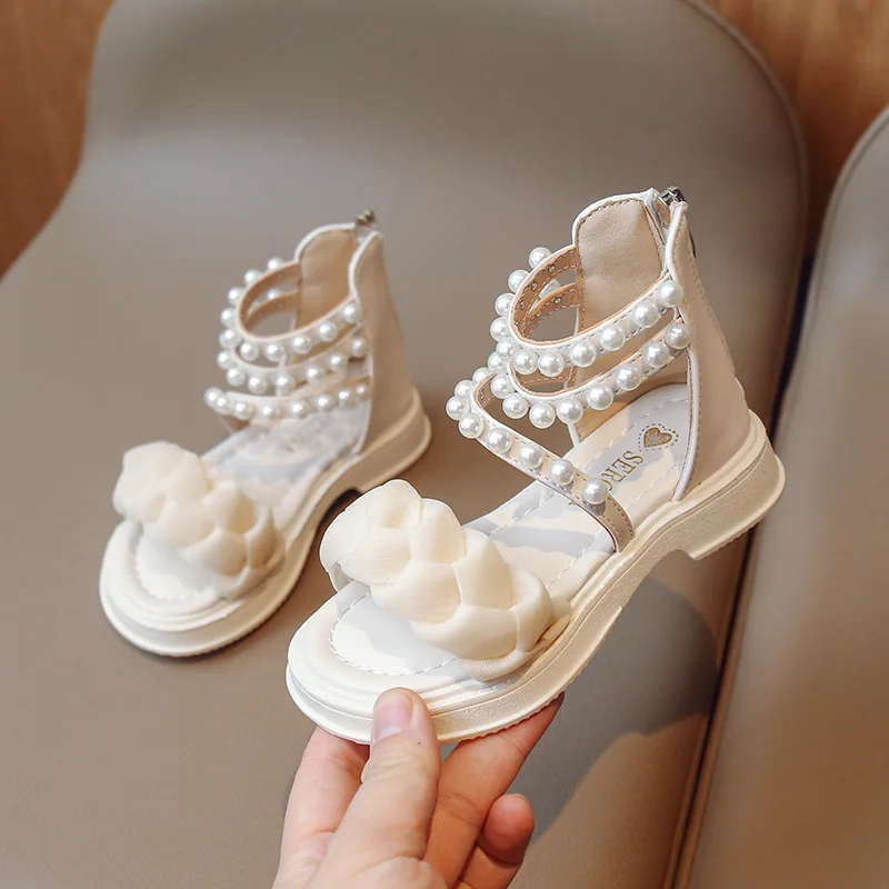 

Summer Fashion Girls Sandals Pearl Beading Roman Princess Pleated Sandals Korean Style Open-toe Soft Soled Children Beach Shoes