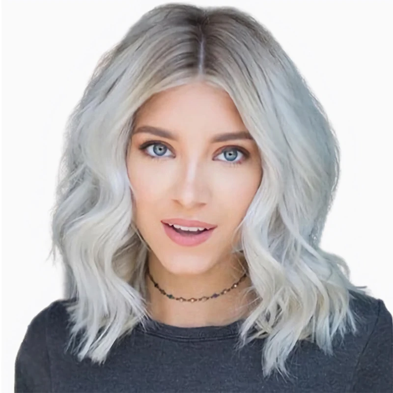 

Short White Gray Synthetic Bob Wigs With Dark Root For Black Women Natural Wavy Layered Hair Heat Resistant Cosplay Daily Wigs