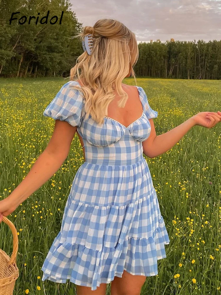 

Foridol Lace Up Backless Gingham Chiffon Summer Dress Vintage A-line Puff Sleeve Plaid Short Dress Chic Blue Holiday Dress 2024