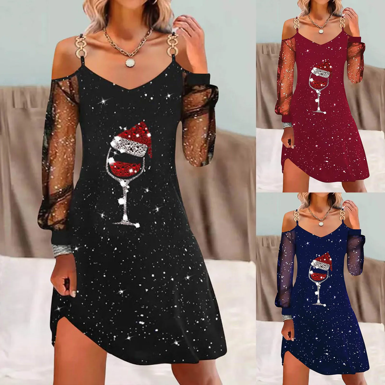 Women Dress Christmas Wine Glass Patchwork Mesh Long Sleeved Dress Casual Tan Dress
Women Dress Christmas Wine Glass Patchwork Mesh Long Sleeved Dress Casual Tan Dress