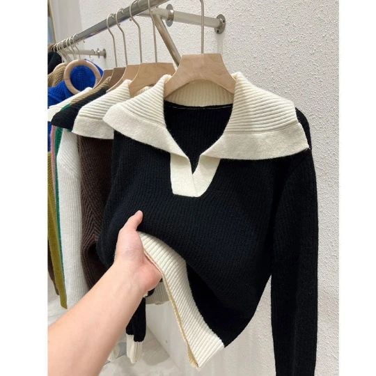 Black Lapel neck Long Sleeve T Loose Tops Slim Woman Pullover Knitted Sweater Jumper Spring Top Cloth Clothes Women Girl Lady
Black Lapel neck Long Sleeve T Loose Tops Slim Woman Pullover Knitted Sweater Jumper Spring Top Cloth Clothes Women Girl Lady