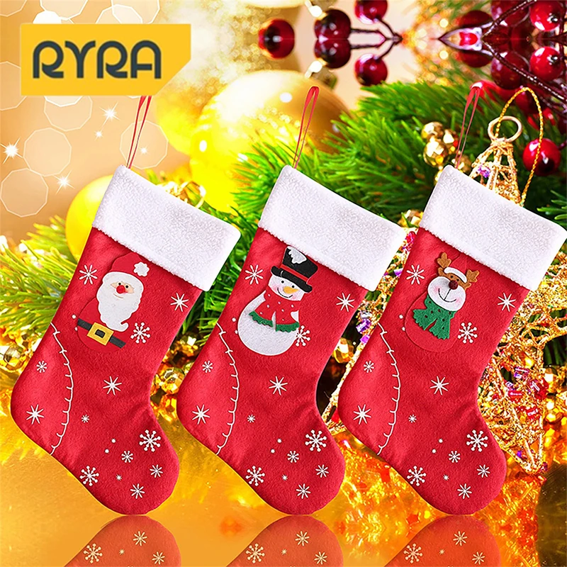 

Christmas Stockings Fabric Santa Claus Sock Gift Kids Candy Bag Snowman Deer Pocket Hanging Xmas Tree Ornament New Year 2024