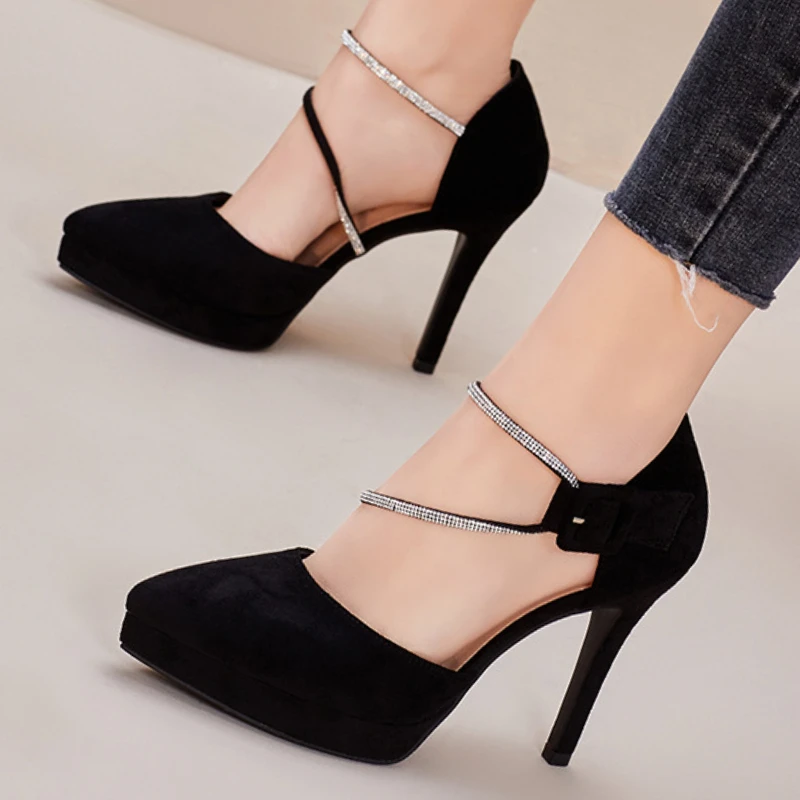 

Sexy Platform High Heels Thin Heels Pointed Toe Women Single Shoes Word Buckle Pumps Mid Hollow Solid Flock Work Shoe Size 32 33