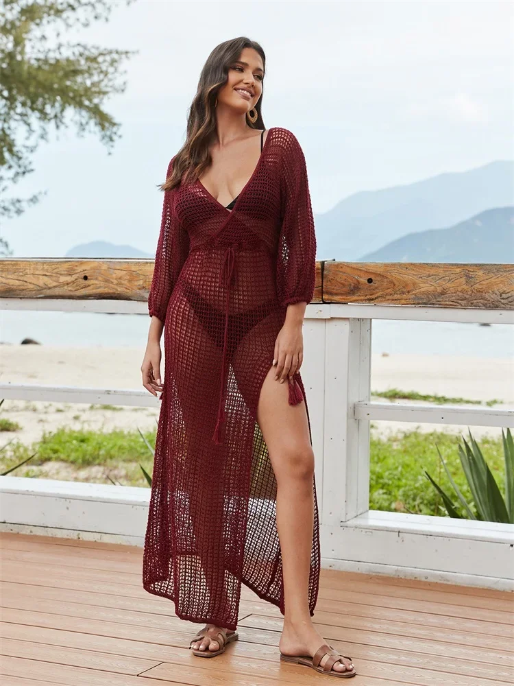 

Sexy See Through Long Sleeve Mesh White Tunic Crochet 2024 Women's Beach Maxi Dress Sheath Solid Slim Sling Dresses Femme D12