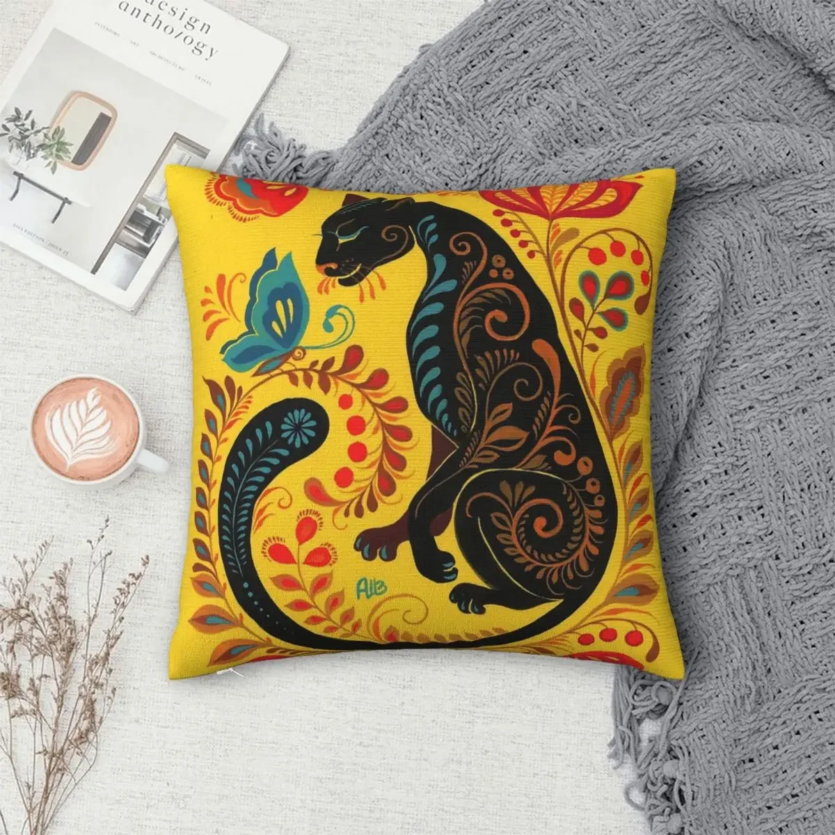 

Panther & Butterfly Folk Art Pillowcase Polyester Pillows Cover Cushion Comfort Throw Pillow Sofa Decorative Cushions Used