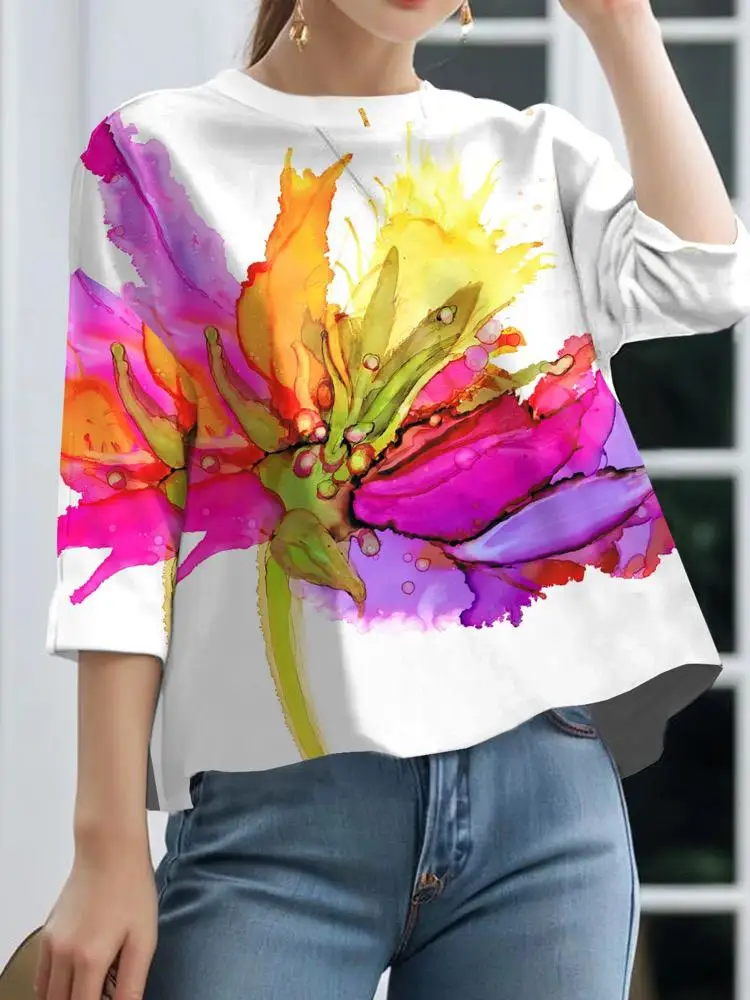 

Freeacy Women Fashion Clothes 2024 Spring New Contrast Color Flower Printed Loose T-shirt Round Neck Three-Quarter Sleeves Tops