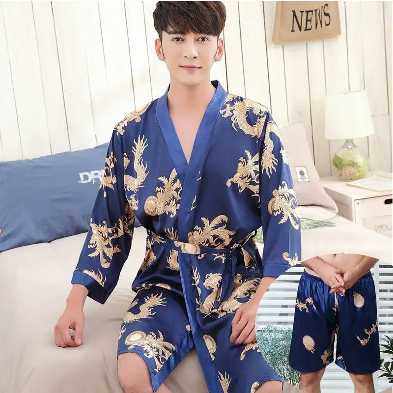 

Silks Nightgown Shorts Two-piece Set Mens Kimono Robe Bathrobe Pajama Set Printed Luxury Branded Loungewear Homewear