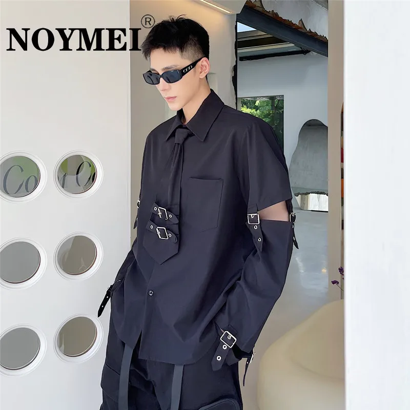 

NOYMEI New Locomotive Style Metal Strap Long Sleeve Shirt Men's Personality Dark Tie 2024 Spring Fashion Korean Male Top WA468