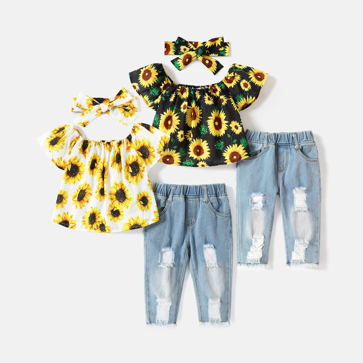 PatPat 3pcs Baby Girl Allover Sunflower Floral Print Off Shoulder Short-sleeve Top and Ripped Jeans with Headband Set
PatPat 3pcs Baby Girl Allover Sunflower Floral Print Off Shoulder Short-sleeve Top and Ripped Jeans with Headband Set