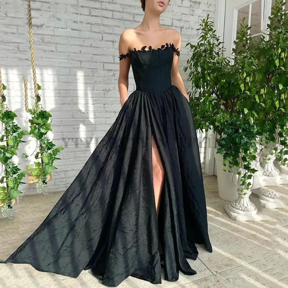 

Black A-Line Floral Printed Prom Dress Lace Appliques Scoop Neckline Evening Dress 2023 Sexy High Slit Party Dress Robe de