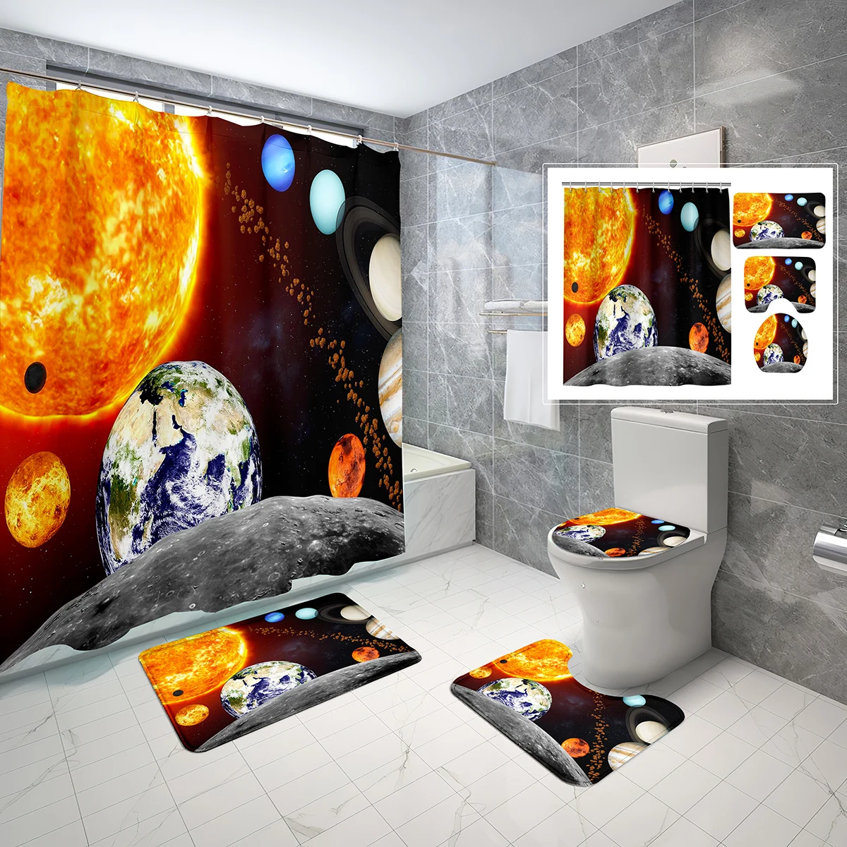 4 Pcs Planet Theme Shower Curtain Set Universe Galaxy Solar System Non-slip Bath Mat Toilet Lid Waterproof Shower Curtain Set
4 Pcs Planet Theme Shower Curtain Set Universe Galaxy Solar System Non-slip Bath Mat Toilet Lid Waterproof Shower Curtain Set