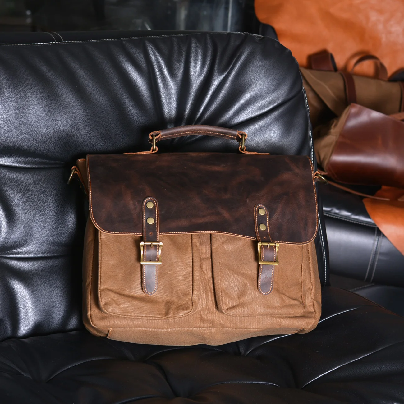 

Vintage wax canvas splicing leather Briefcase handbag man's shoulder messenger bag 16 inch business computer bag