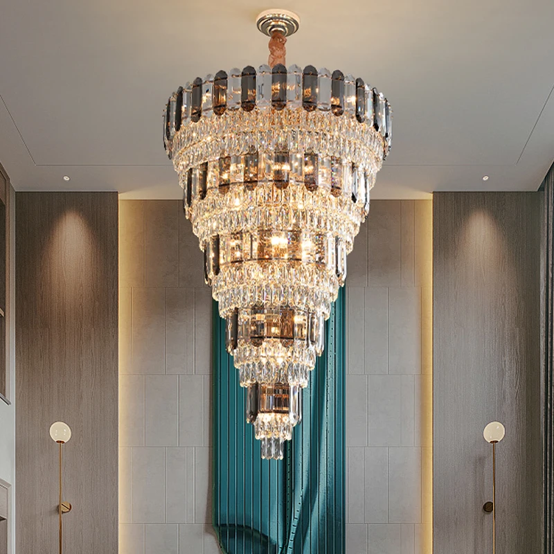 

Villa duplex building large chandelier crystal hall spiral staircase stairs post-modern living room hotel lobby light luxurylamp