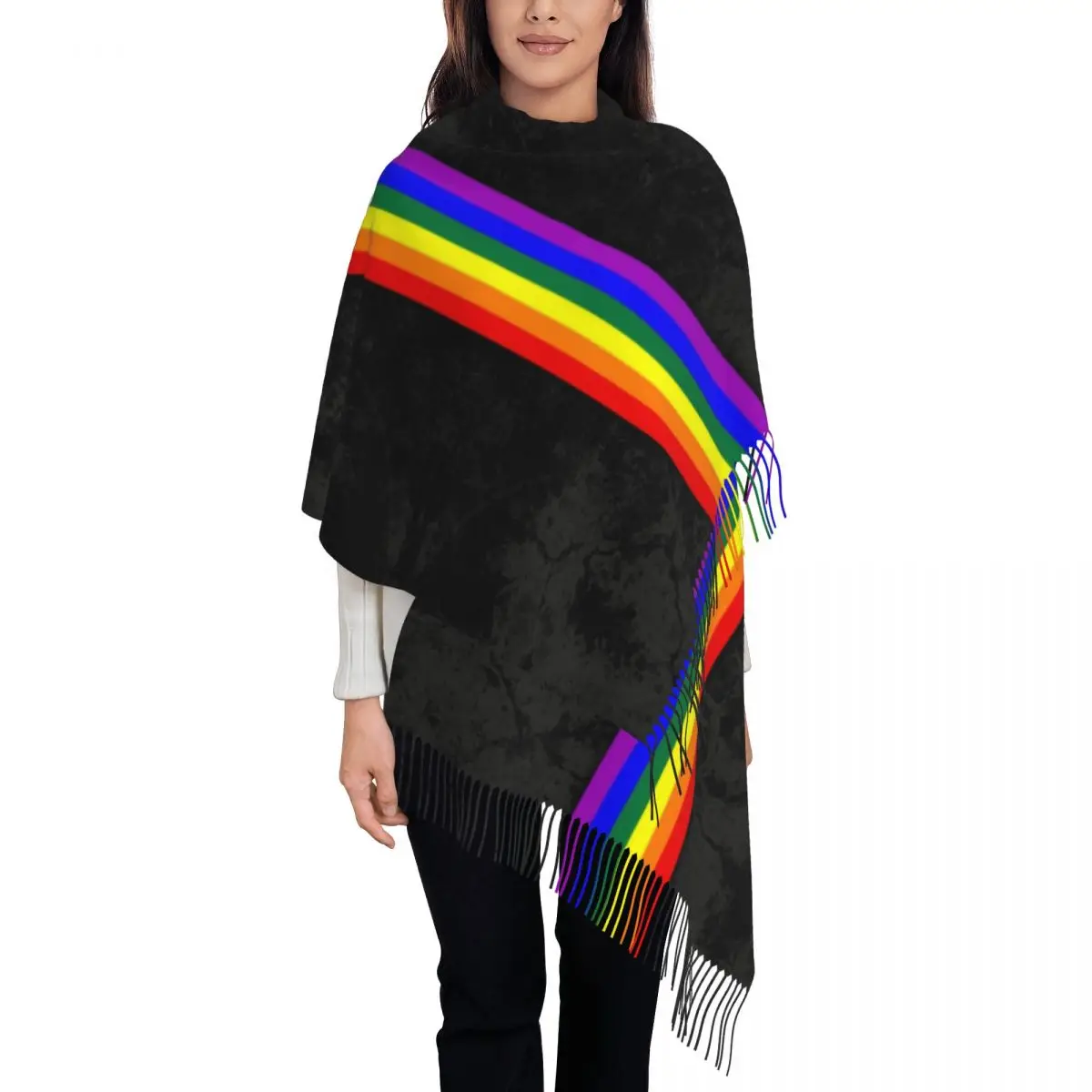 

Lady Long Distressed LGBTQ Pride Flag Stripe Scarves Women Winter Fall Thick Warm Tassel Shawl Wraps LGBT Gay Lesbian Scarf