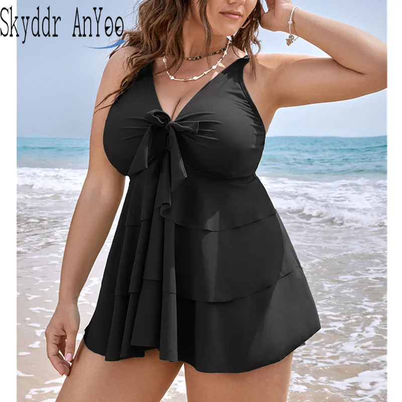 

Two Piece Woman Swimsuits Plus Size Swimwear Knotted Front Ruffle Tiered Tankini Top And High Waisted Bottom Bathing Suit