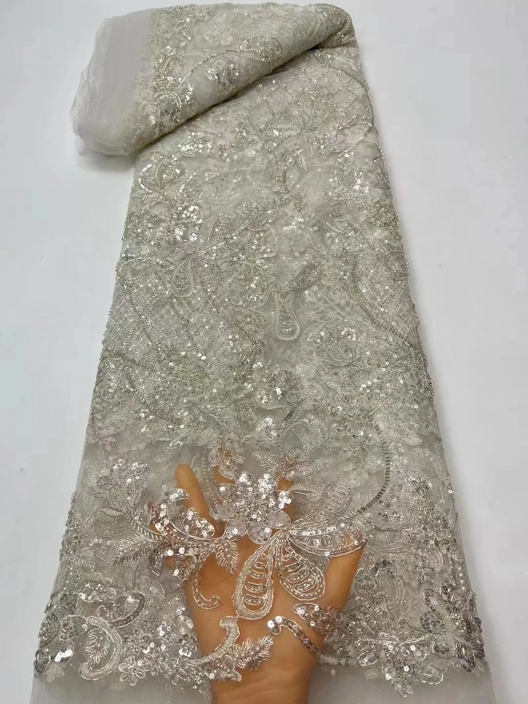 

Роскошная Справочная африканская кружевная ткань в нигерийском стиле, 5 ярдов, французское Белое кружево для пошива свадебного платья, вечернего платья