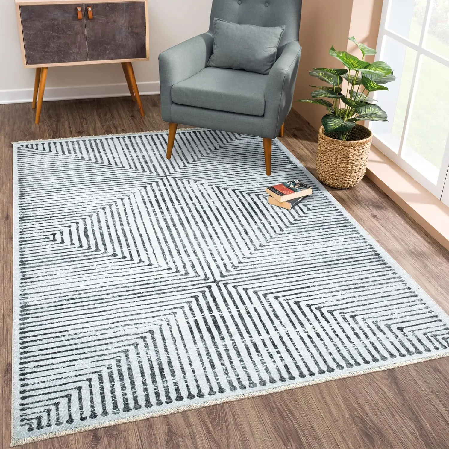 Caria Washable Non-Slip 8x10 - Ivory/Black Striped Area for Living Room, Bedroom, Dining Room, and Kitchen -
Caria Washable Non-Slip 8x10 - Ivory/Black Striped Area for Living Room, Bedroom, Dining Room, and Kitchen -