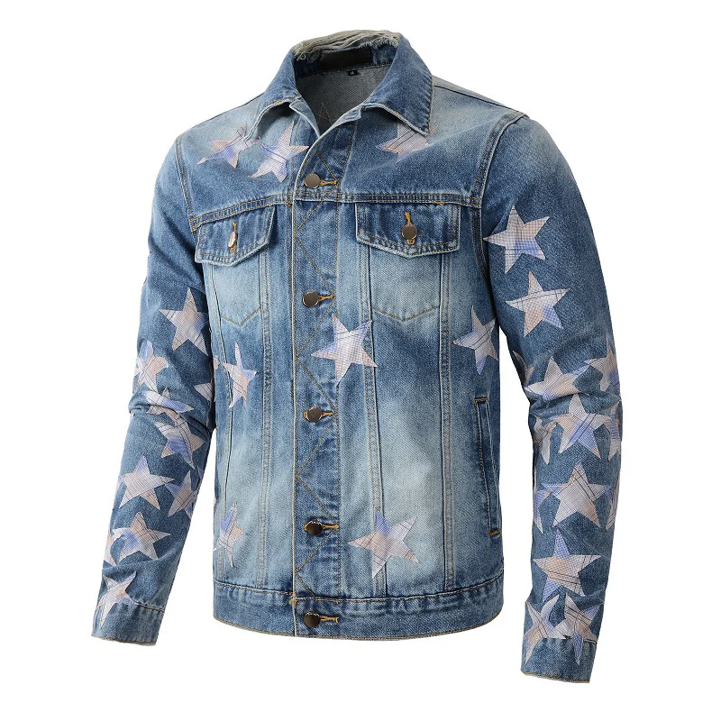 New Arrival Men's Vintage Distressed Blue Pink Stars Patch Ripped Buttons Ragular Coat Slim Pocket Patchwork Denim Jacket 451
New Arrival Men's Vintage Distressed Blue Pink Stars Patch Ripped Buttons Ragular Coat Slim Pocket Patchwork Denim Jacket 451