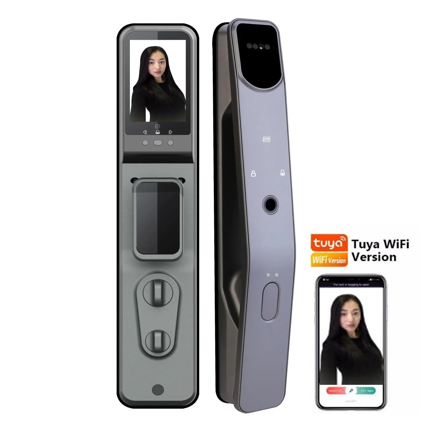 Face recognition smart door lock with camera, picture capture wifi Tuya App remote control, fingerprint, facial, password, card
Face recognition smart door lock with camera, picture capture wifi Tuya App remote control, fingerprint, facial, password, card