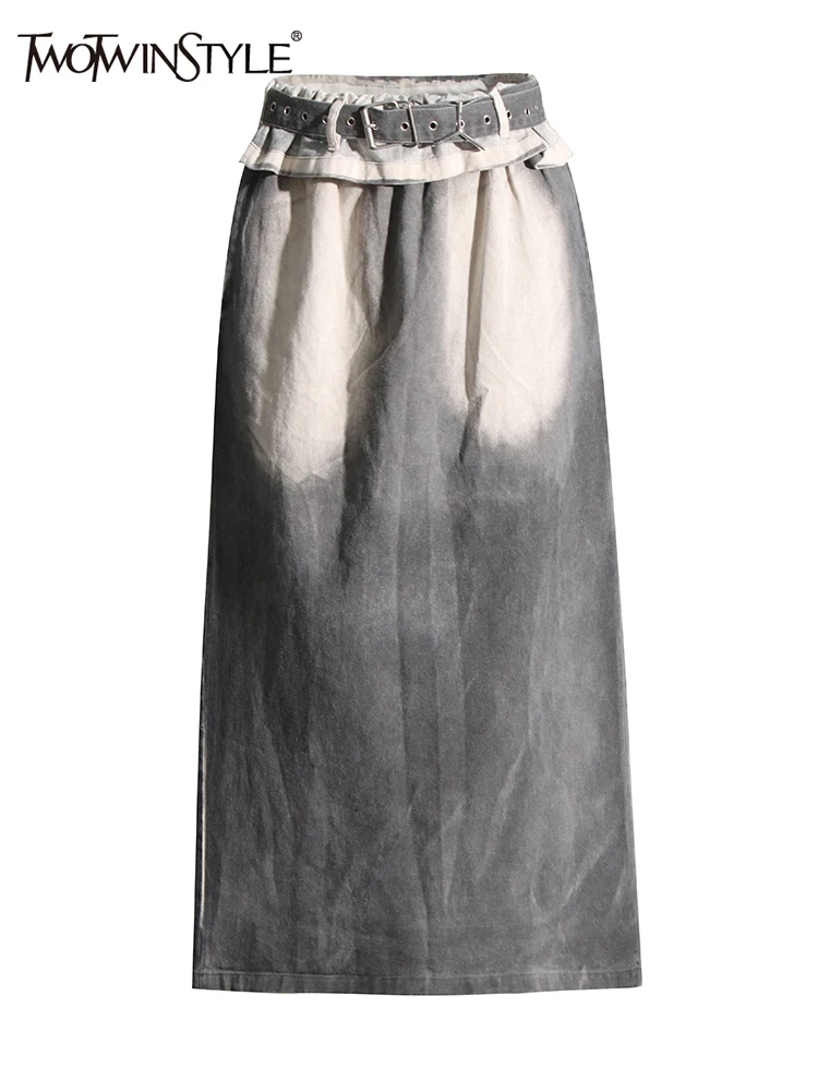

TWOTWINSTYLE Colorblock Streetwear Spliced Belt Skirt For Women High Waist Split Patchwork Pocket Vintage A Line Skirts Female