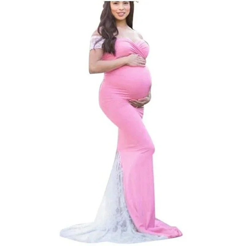 

Maternity Dresses For Photo Shoot Shoulderless Stretchy Pink Cotton Pregnant Long Dress Gown Jersey Pregnancy Clothes Plus Size