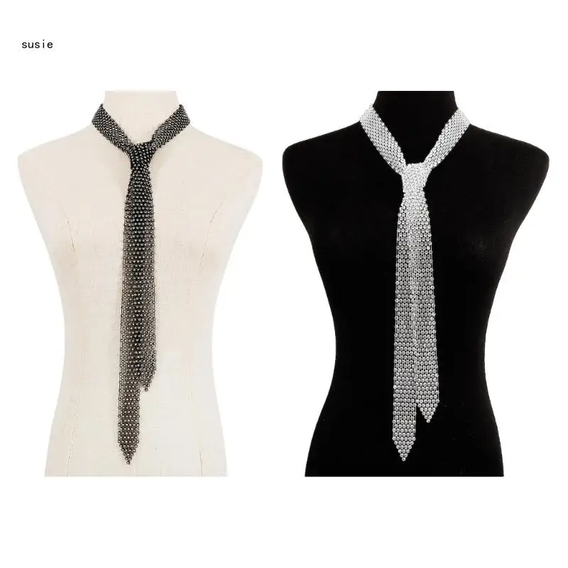 

X7YA Bling Long Scarf Neckerchiefs Rhinestones Tie Choker Necklace for Women Jewelry