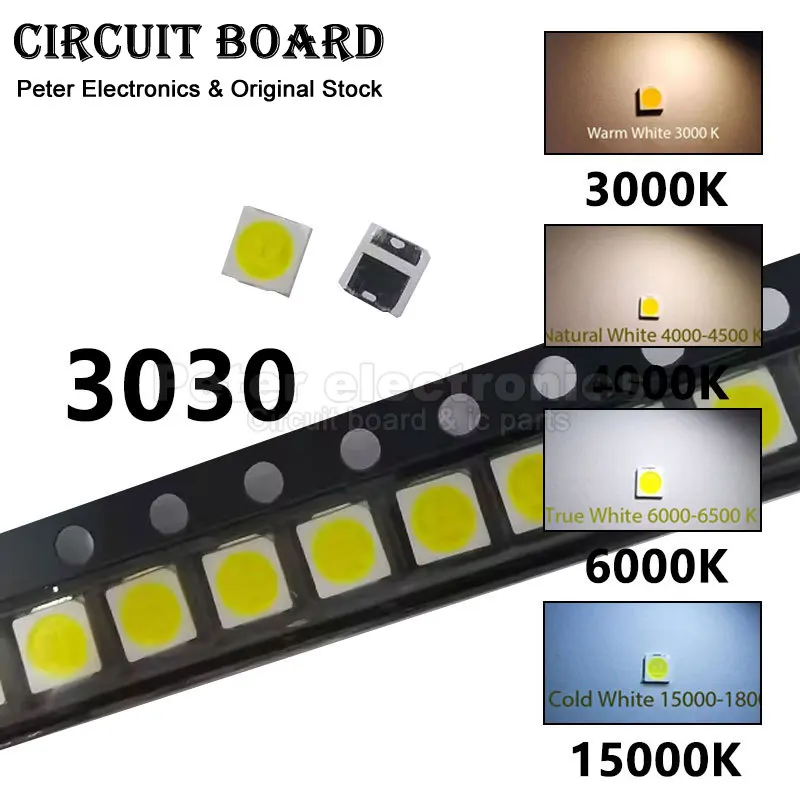 

100pcs 3030 SMD LED Cool White Natural White Warm White 1W 3V 6V 9V 3.0 * 3.0mm Luminous Lamp Beads 3000K 4000K-500K 6000K-6500K